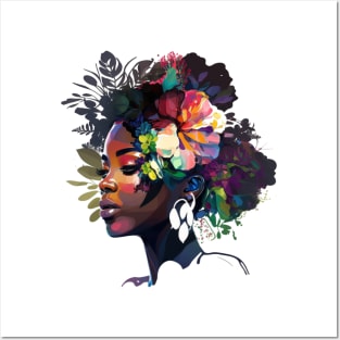 Afro Natural Curly Black women Floral Flowers Posters and Art